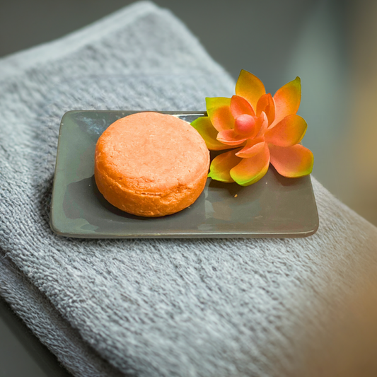 An orange round shampoo bar placed on a gray ceramic plate with a folded gray towel underneath. A decorative succulent flower is positioned next to the bar, adding a natural element to the setup. Dallas, Arlington, Ft. Worth, Midlothian, Grand Prairie, Tx.
